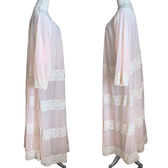 Vintage 60s Intime Pink Robe Peignoir Double Chiffon Nylon Lace Lingerie Glamour - Picture 9 of 10